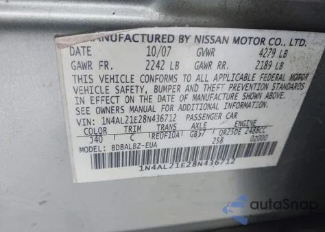 2008 Nissan Altima 2.5 S z USA, uszkodzony, nr VIN 1N4AL21E28N436712